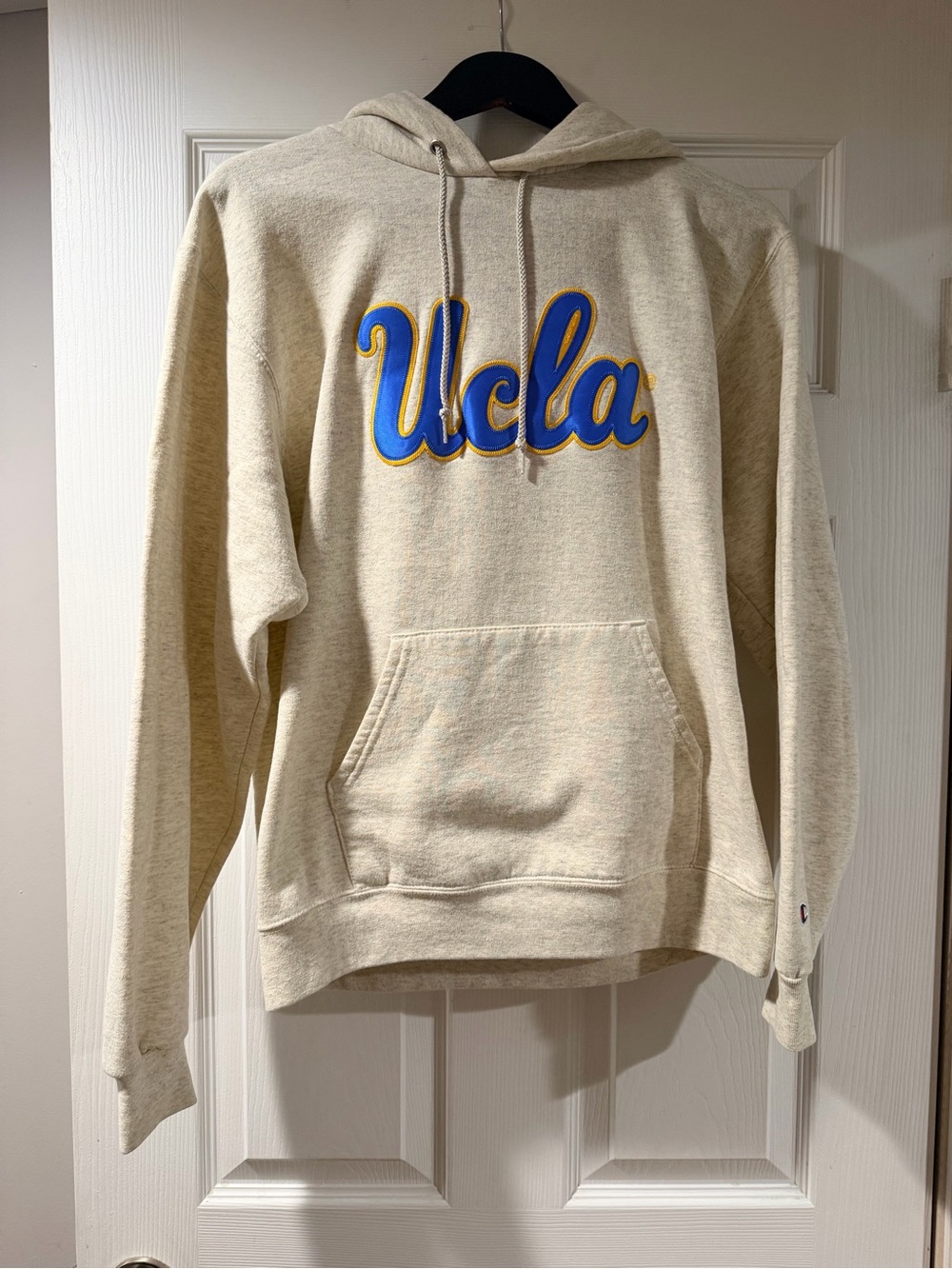 Champion Cream UCLA Crewneck Hoodie with Blue and Yellow Script (unisex)